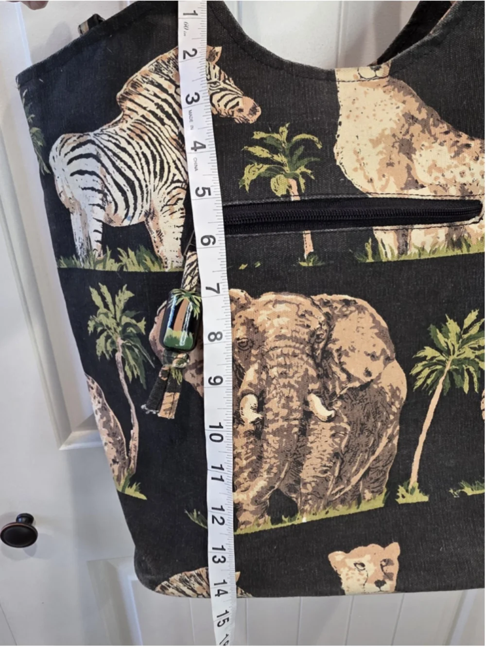 Safari Animal Print Cotton Tote Bag Elephant Zebra Palm Trees Zip Closure Pocket